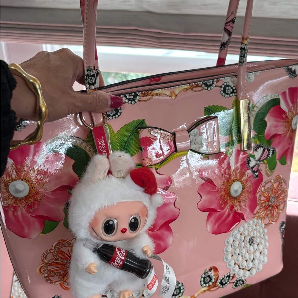 Gorgeous FLORAL Peonies + Pearls Celebration Large Pink Tote satchel Bag w BOW - Picture 7 of 13